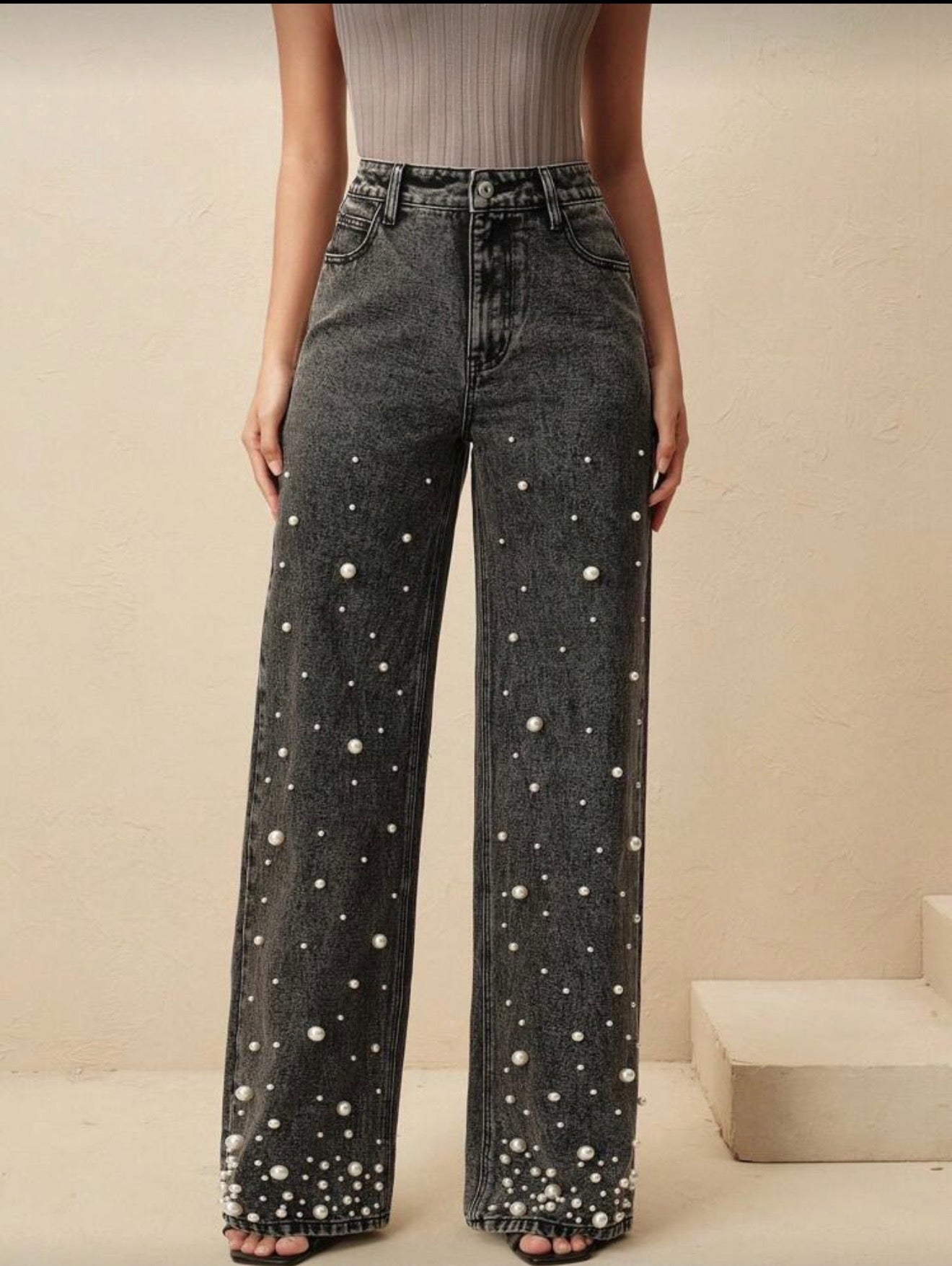 Perls details denim pants 🖤